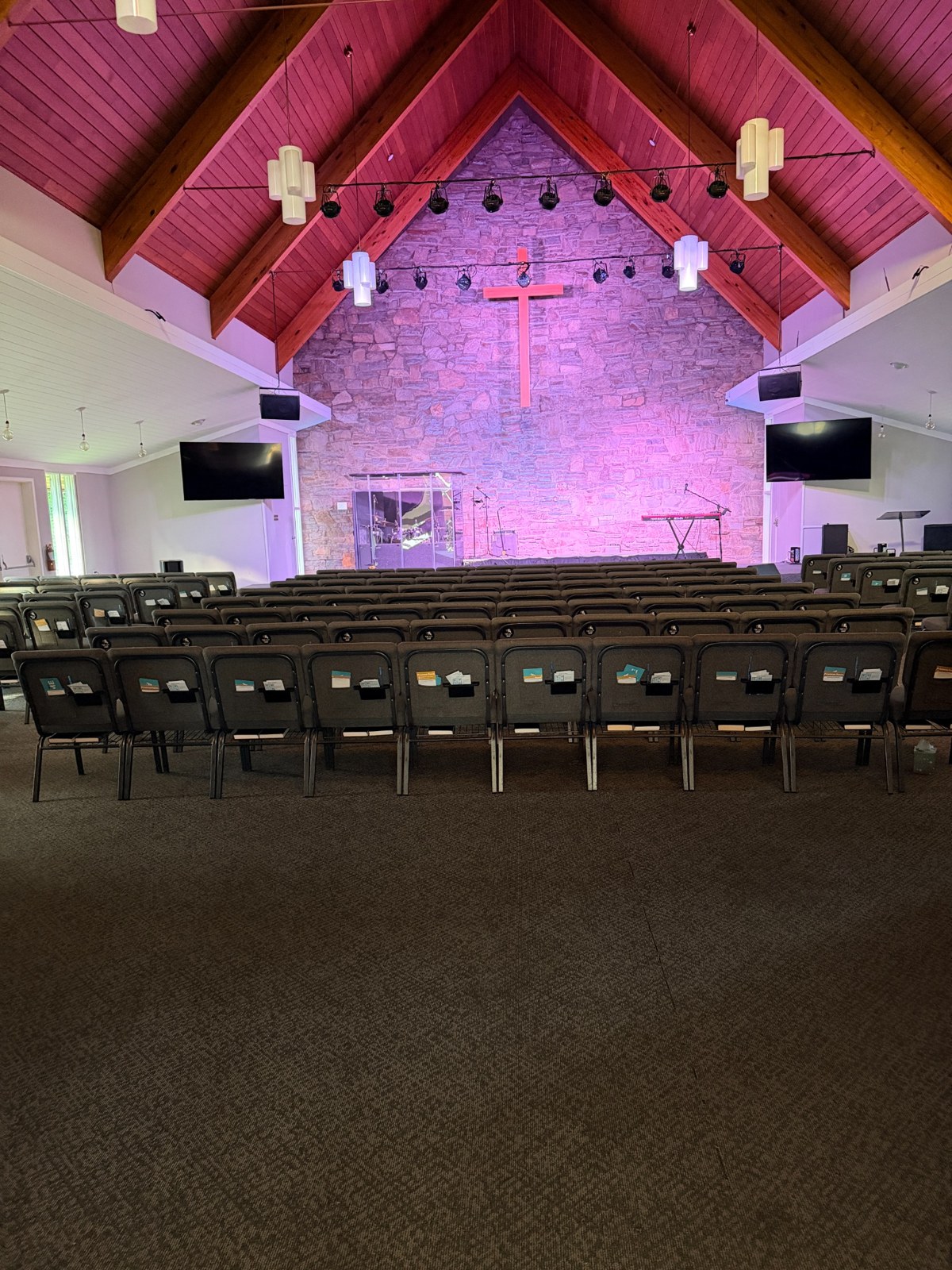 Seating facing the cross in Broad River Church sanctuary